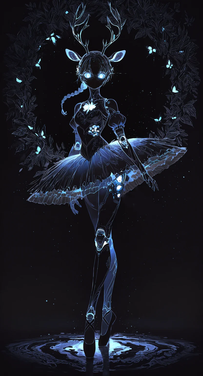masterpiece, best quality, good quality, very awa, newest, highres, absurdres, 15546+456868,
1girl, solo, blue eyes, skirt, dress, animal ears, bare shoulders, standing, full body, braid, short sleeves, horns, detached sleeves, puffy sleeves, high heels, colored skin, glowing, leaf, bug, robot, light particles, glowing eyes, antlers, joints, no mouth, robot joints, mechanical parts, mechanical legs, deer ears, humanoid robot, ballerina, ballet slippers, robot girl, ballet, deer antlers, tutu, deer girl, looking at viewer, limited palette, sketch, glowing, psychedelic, black theme <lora:illustriousXL_stabilizer_v1.23:0.3> <lora:NOOB_vp1_detailer_by_volnovik_v1:0.3> <lora:ponyv6_noobE11_2_adamW-000017:0.3> <lora:114558v4df2fsdf5:1> <lora:mon_monmon2133:0.6>