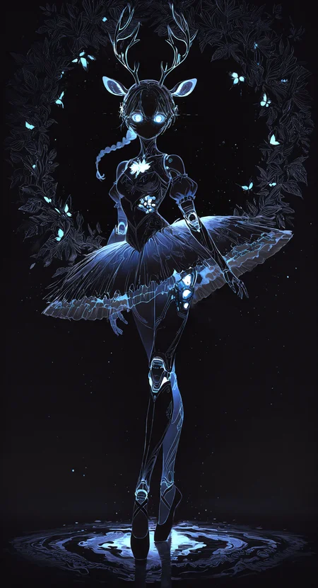 masterpiece, best quality, good quality, very awa, newest, highres, absurdres, 15546+456868,
1girl, solo, blue eyes, skirt, dress, animal ears, bare shoulders, standing, full body, braid, short sleeves, horns, detached sleeves, puffy sleeves, high heels, colored skin, glowing, leaf, bug, robot, light particles, glowing eyes, antlers, joints, no mouth, robot joints, mechanical parts, mechanical legs, deer ears, humanoid robot, ballerina, ballet slippers, robot girl, ballet, deer antlers, tutu, deer girl, looking at viewer, limited palette, sketch, glowing, psychedelic, black theme <lora:illustriousXL_stabilizer_v1.23:0.3> <lora:NOOB_vp1_detailer_by_volnovik_v1:0.3> <lora:ponyv6_noobE11_2_adamW-000017:0.3> <lora:114558v4df2fsdf5:1> <lora:mon_monmon2133:0.6>