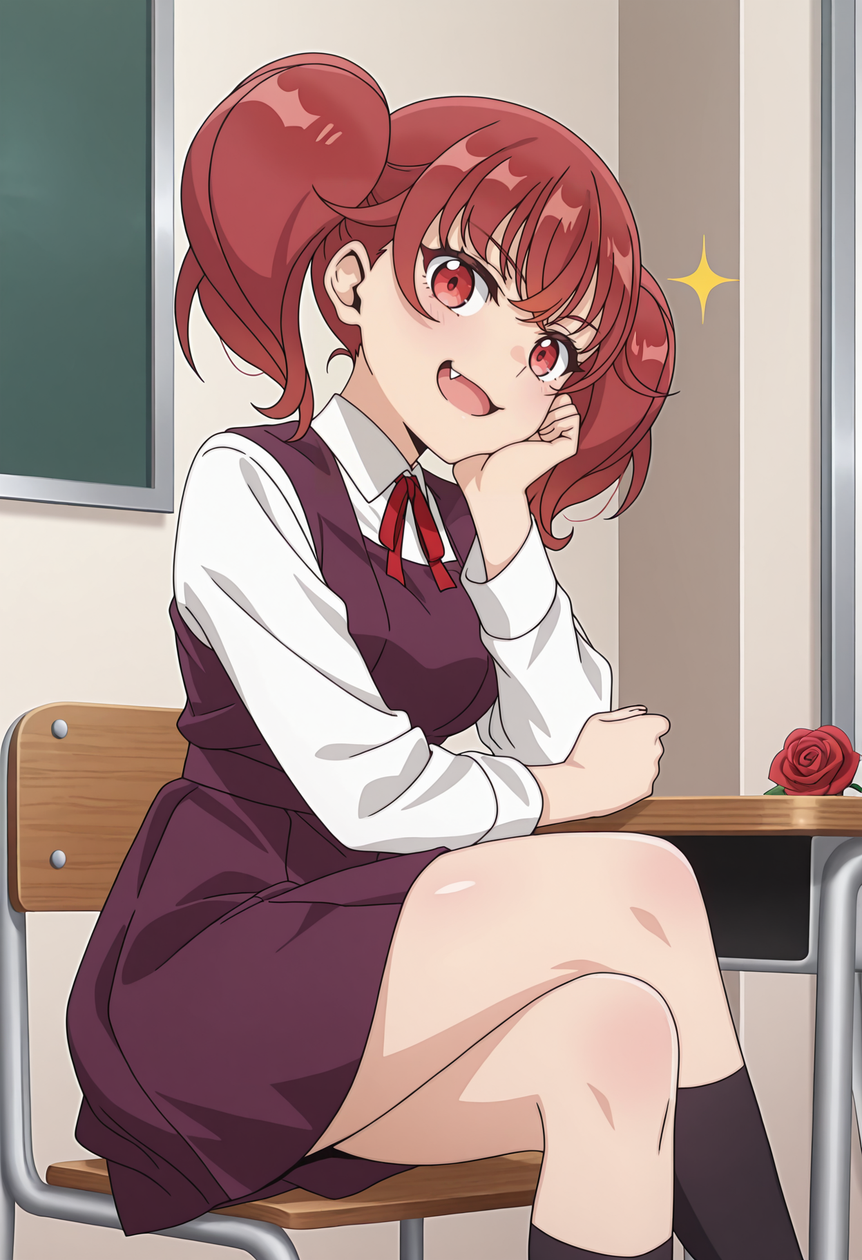highres, best quality, masterpiece, indoors, school,
anime screencap,
1girl, solo, edmfkoma, twintails, red hair, red eyes,
school uniform, collared shirt, white shirt, red ribbon, long sleeves, brown dress, purple dress, pinafore dress, black socks,
looking at viewer, head tilt,
sitting, crossed legs, socks, open mouth, fang, smug, chin rest, sparkle, red rose, from side,
<lora:_koma_otaku_elf-elesico-ilxl:1>