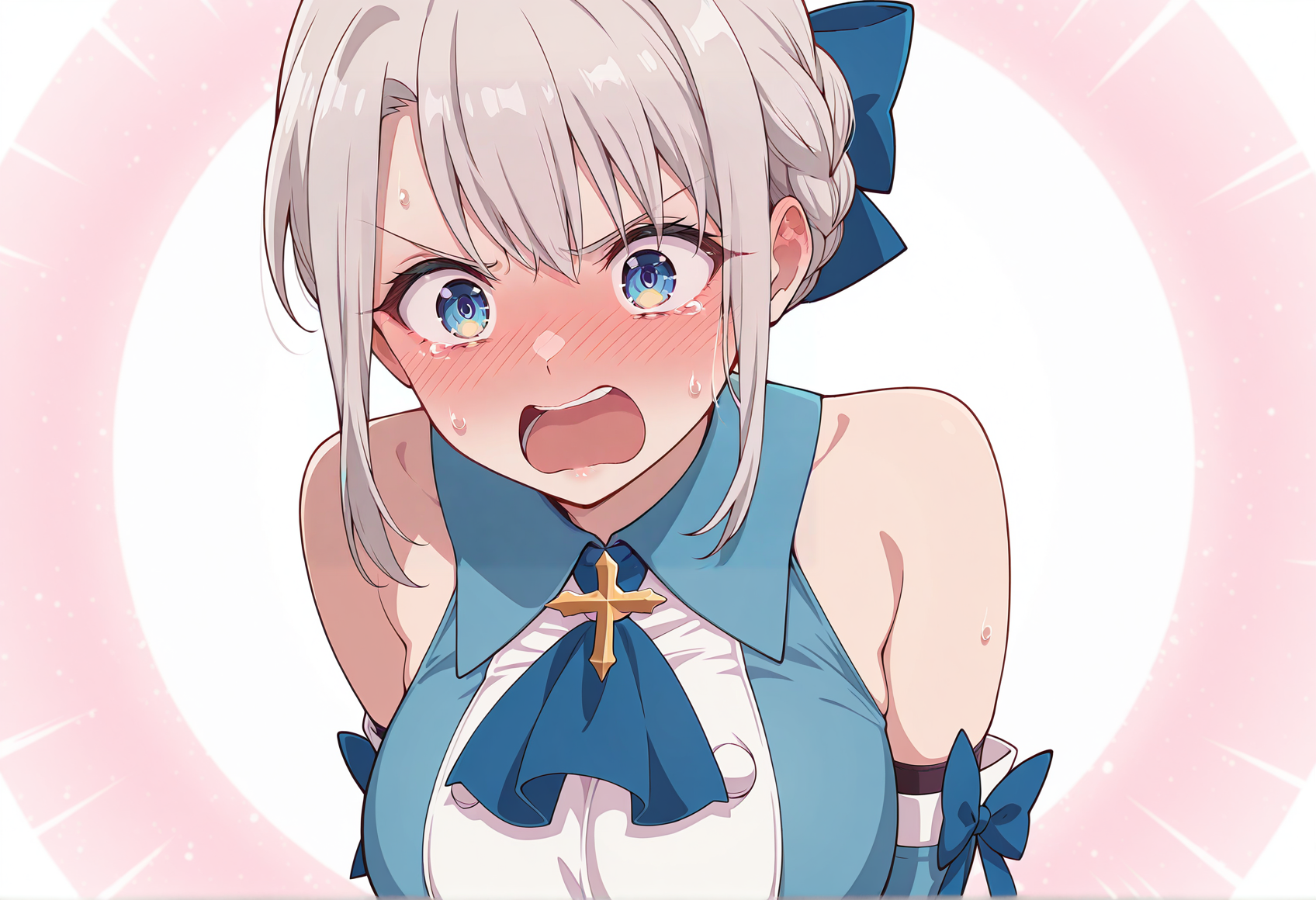 portrait, anime screenshot, anime screencap, anime coloring, embarrassed, 1girl, solo, grey hair, blue eyes, braid, blue ribbon, cross, blue dress, elbow gloves, magical girl, pink thigh Boots, upper body, angry, open mouth, embarrassed,  <lora:Alice_Elliot:1> big breasts <lora:Illya_Illus:0.8>, masterpiece, best quality, amazing quality, very aesthetic, absurdres, highres, newest