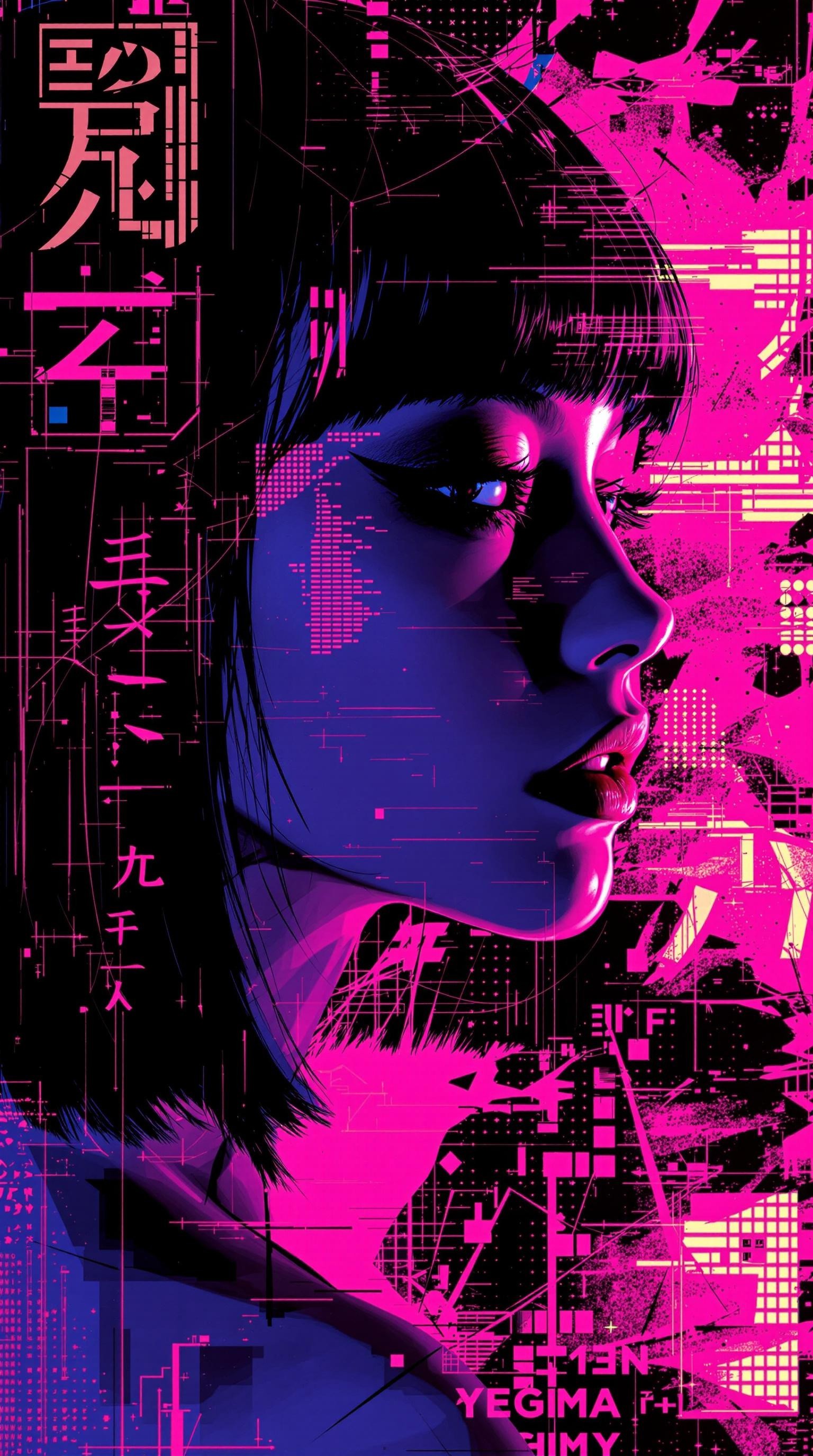 Rendered in bold, expressive pop-art style with abstract overlays, double exposure and halftone texturing, this side portrait captures a young Japanese woman in profile—her face half-shadowed, straight-cut hair luminous under streaks of simulated chrome and fuchsia neon. Her averted gaze and seductive expression pulse with a sultry, melancholic charge, while her eyelids are heavy with matte obsidian eyeshadow. The background melts into a hyper-stylized cyberspace collage: digitized kanji, shattered LED screens, and amorphous bursts of fluorescent ink swirling through a void of black glass. Inspired by Roy Lichtenstein and modern glitch aesthetics, the composition plays with erotic abstraction—fluid lines, skin-toned gradients, and warped reflections intertwine in a fusion of sensuality and surrealism
