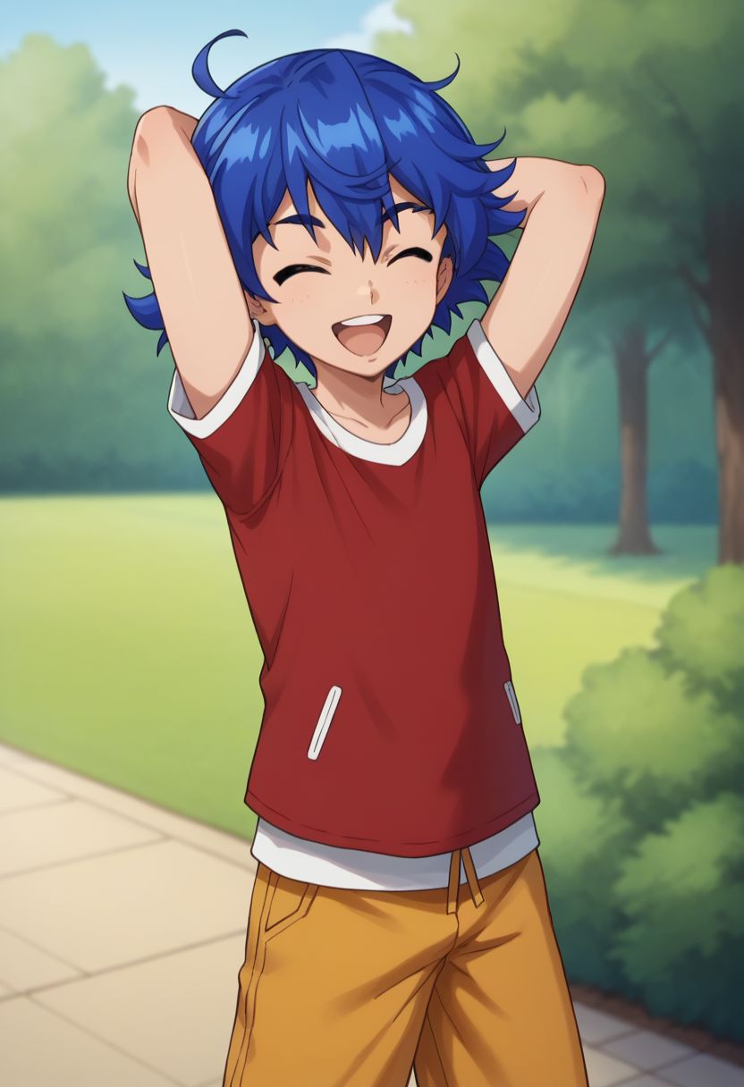 score_9, score_8_up, source_anime, highly detailed, 
riki, 1boy, solo, blue hair, short hair, male focus, looking at viewer, pants, yellow pants, smile, upper body,  closed eyes, open mouth, smile, hands behind head, t-shirt, red t-shirt,
outdoor,