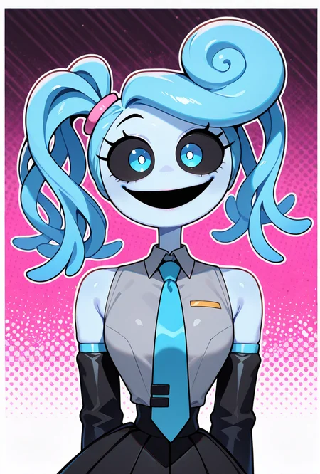 <lora:mmylnglgs-10:1> mmylnglgs, cyan hair, 1girl, big smile, blue eyes, blue skin, long limbs, round head,  long twin tails, miku cosplay, grey shirt, black skirt, cyan tie, short, sleeveless,, cyan eyes, black sclera, white pupils, Black sleeves, masterpiece, best quality, amazing quality, very aesthetic, absurdres, newest,, upper body, halftone effect, white borders, abstract background:1.2,