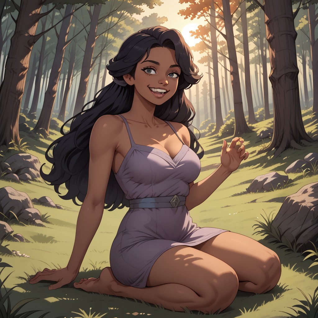 score_9, score_8, BREAK, black hair, long hair, black eyes, buck teeth, grey purple dress, barefoot, Lerk_Crood_(The_Croods), dark skin, dark skin female, adult female, mature female, breasts, sexy pose, self portrait, smile, outdoors, sunlight, shadows, evening lighting, natural lighting, forest, trees, grass, orange sky, sunset