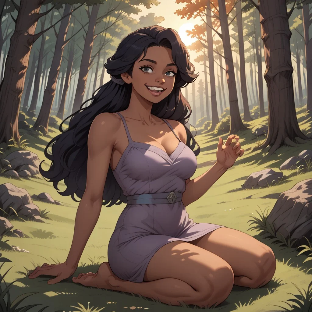 score_9, score_8, BREAK, black hair, long hair, black eyes, buck teeth, grey purple dress, barefoot, Lerk_Crood_(The_Croods), dark skin, dark skin female, adult female, mature female, breasts, sexy pose, self portrait, smile, outdoors, sunlight, shadows, evening lighting, natural lighting, forest, trees, grass, orange sky, sunset