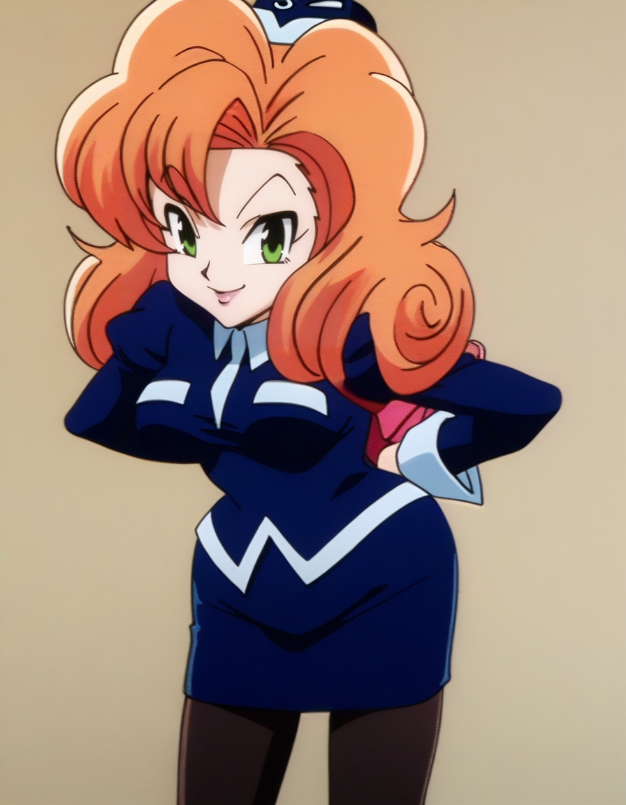 <lora:Coco Loo:1>, coco loo, SOLO, standing, hands behind back, smile, blue uniform, black tights, simple background