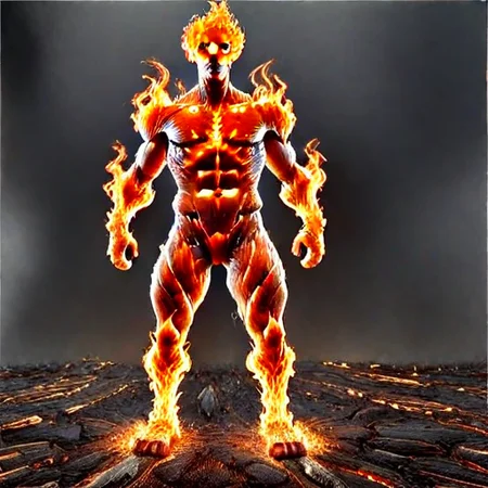 <lora:Monsters_and_elementals:2>Fire elemental, front view, Fire elemental looking at viewer, man on fire, looking at viewer, standing tall, Full Body, feet on fire, non Human, not Human, front view, facing forward, facing viewer, muscles, serious expression, fire, burning, embers, scorching,