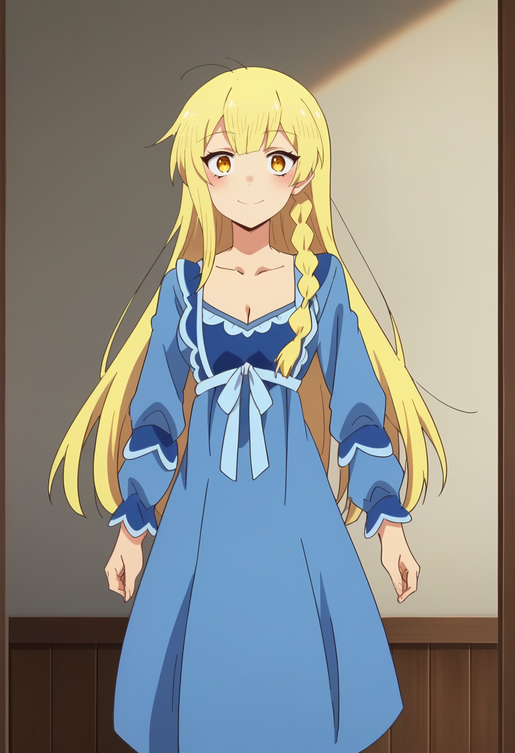 <lora:Balirossa:1> balirossa, blonde hair, long hair, 1girl, side braid, solo, yellow eyes,    , looking at viewer, smile, blush,     blue dress, cleavage,  long sleeves, nightgown,, score_9, score_8_up, score_7_up, , anime coloring ,BREAK source_anime, anime