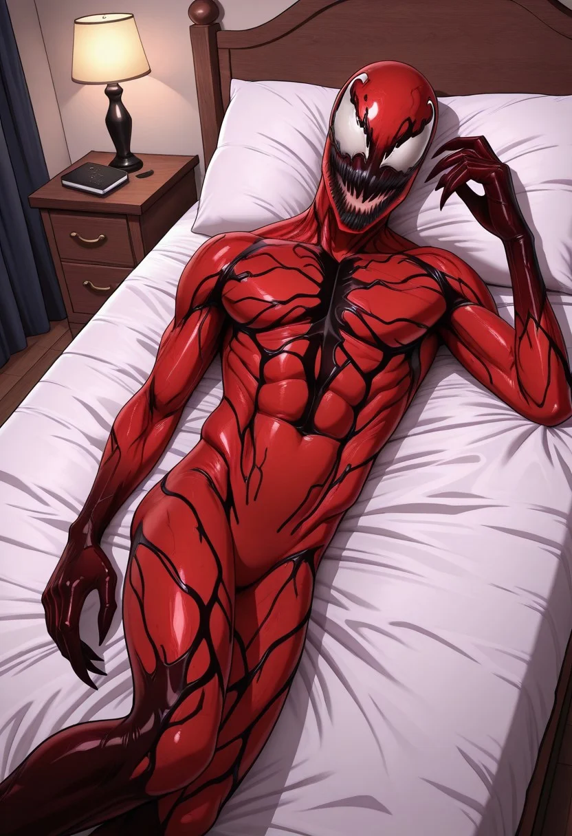 Realistic, perfect anatomy, masterpiece, high quality, best quality, highres, aesthetic, cr3sx4rt,
BREAK
Skinny, fit, smooth skin, carn4ge, 1boy, solo, carnage, symbiote, red body, male focus, lying, on side, on bed, bed room, inviting,