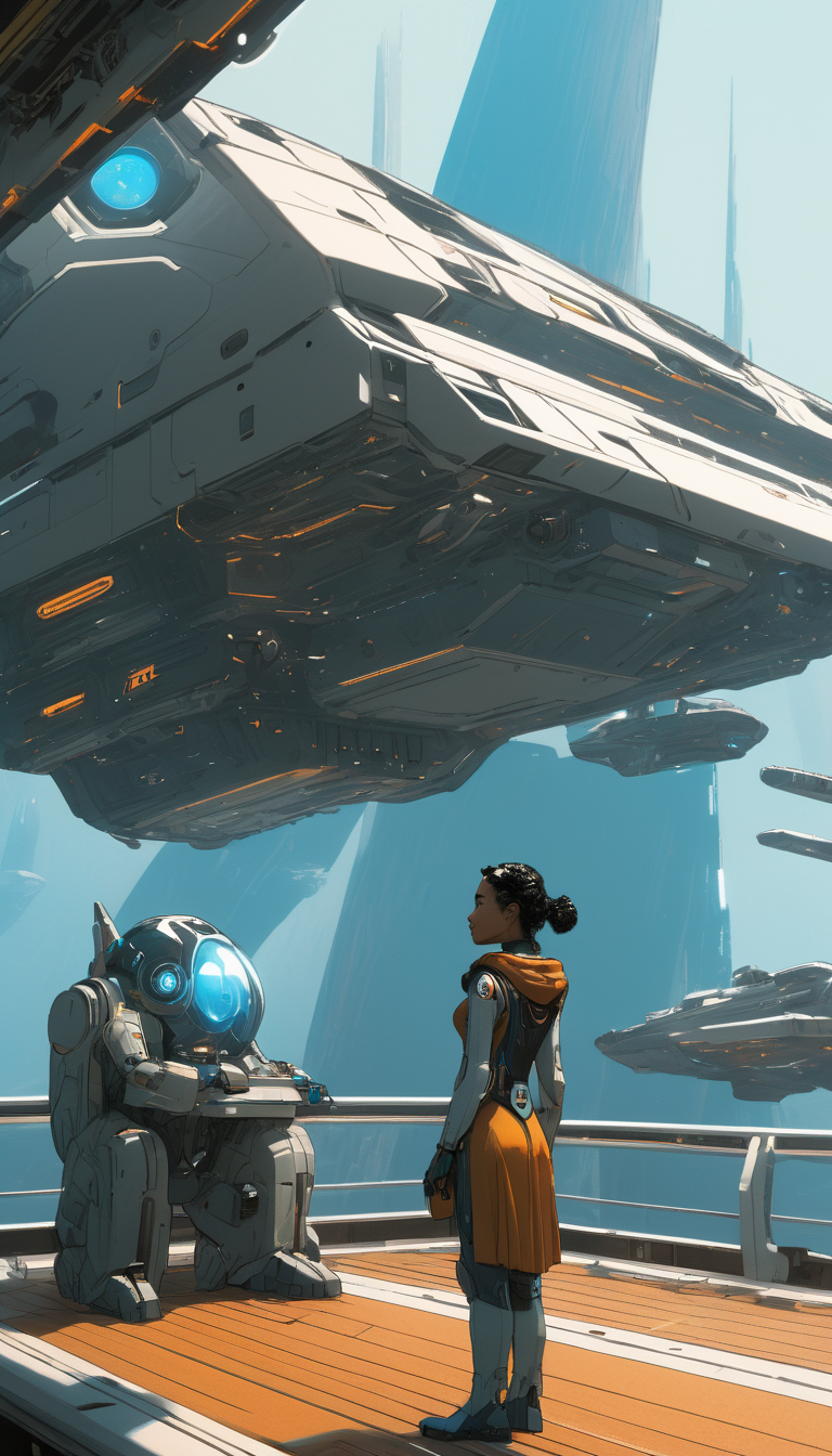 Female observing robot druids fixing a tiny space jet, repair, on the deck of a mothership, sci-fi, science fiction, cinematic scene, hero view, scenery, detailed background, masterpiece, best quality, high quality, highres, absurdres, very detailed, high resolution, sharp, sharp image, 8k, vivid, colorful, sillage comic <lora:sillage_xl_v1:1.5>