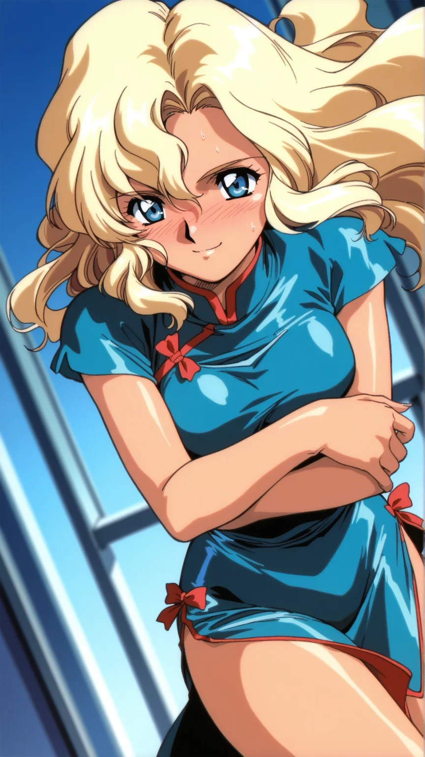 source_anime, general, best quality, masterpiece, 1girl, <lora:Rachel_Affas_ill:1> rachel_affas\(gbattle\),blonde hair, long hair, wavy hair, blue eyes, dynamic pose, dutch angle,china dress,smile, embarrassed,