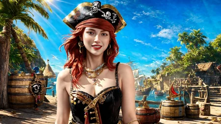 (young redhead pirate woman), (portrait), (parrot:1.2), sharp focus, (ultradetailed), (standing), (happy) smile, pirate (ship galleon:1.2,  hoop earrings, gold medallion, Light Blushpirate clothes, pirate hat, hips,   pirate (village), leafy beach coast, (treasure chest with coins, gems and jewels:1.2), (rum barrel), best quality masterpiece,  bright sunny sky, backlight, natural lights, high contrast, hdr, shadows, pretty, beautiful, feminine, sexy, adorable, lovely, in love, (PirateDiffusionprt:0.5),  <lora:Pirate:0.3>  PrateT  <lora:PirateRealms:0.3> <lora:Detail Tweaker LoRA add_detail:0.8> <lora:depth_of_field_slider_v1:5> <lora:SDXLrender_v2.0:0.9>