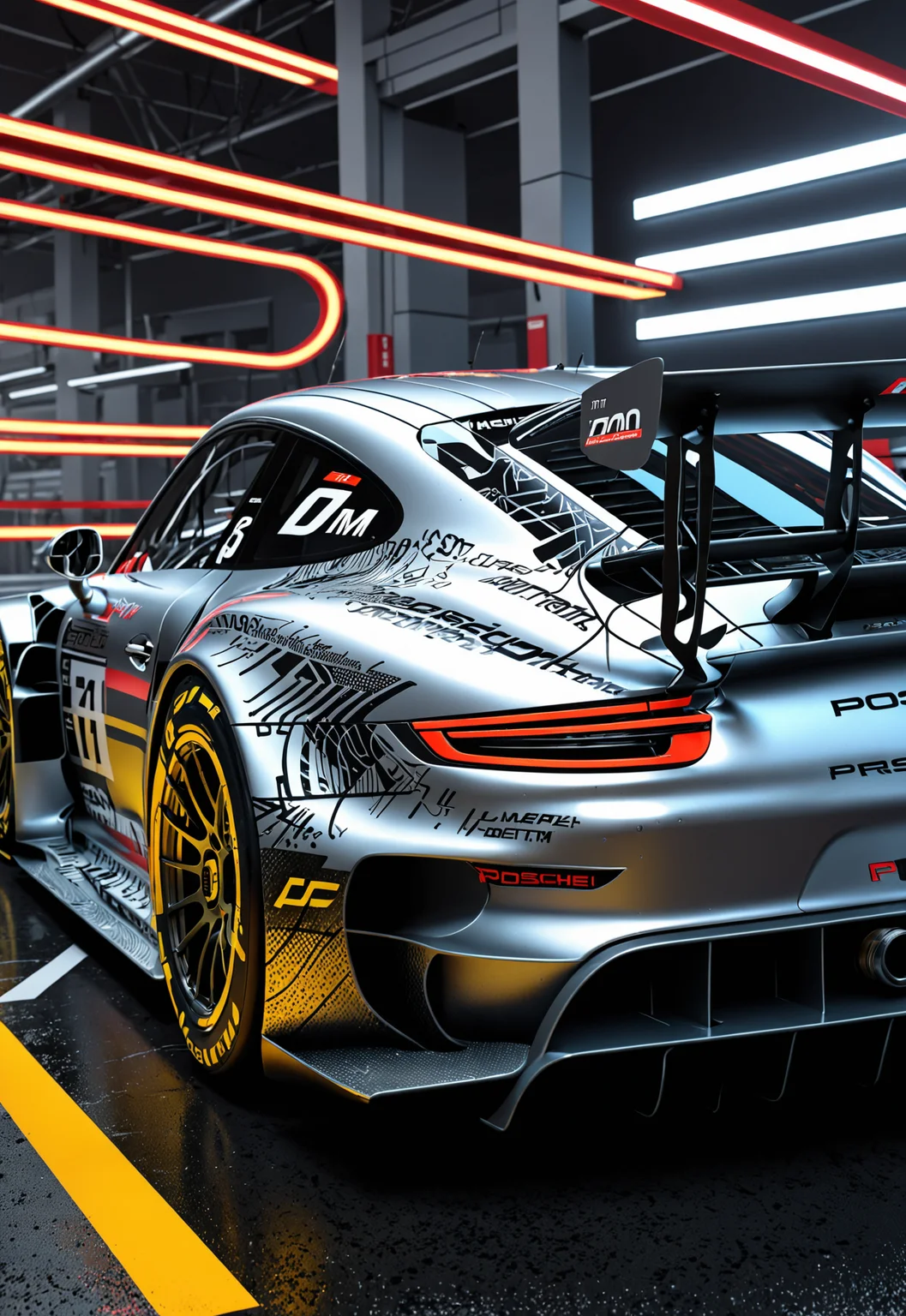 dynamic angle, masterpiece, award winning picture, Porsche DTM car racing, futuristic background, hyper detailed, intricate, neon poster, artstation, epic, ultra detail, intricate details, UHD