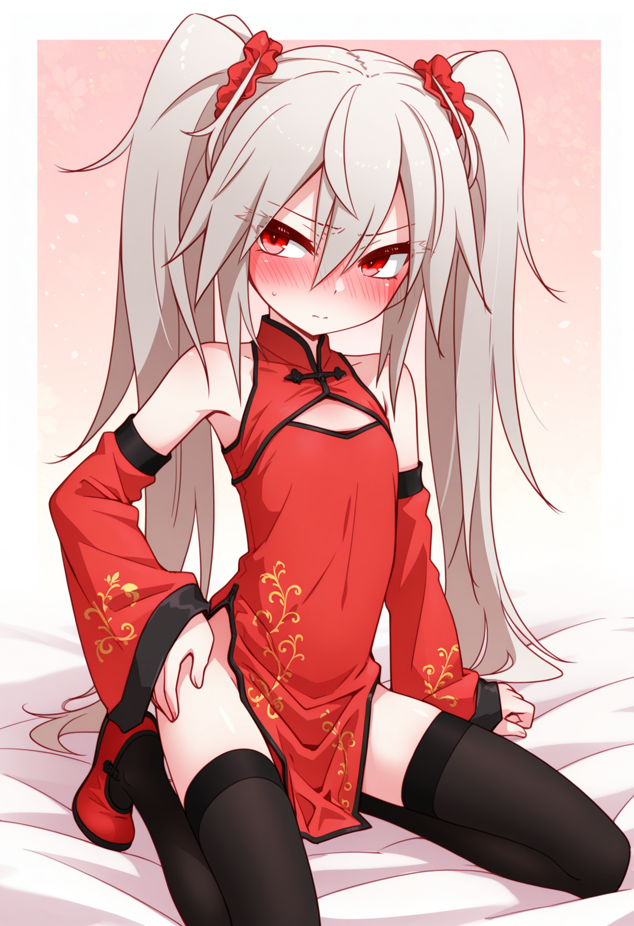 (best quality , masterpiece, good quality), sfw, general, 1girl, solo, eletrasan, long hair, red eyes, twintails, china dress, sleeveless, detached sleeves, black thighhighs, shy, blush, thick eyelashes, <lora:eletra_ilxl:1>,