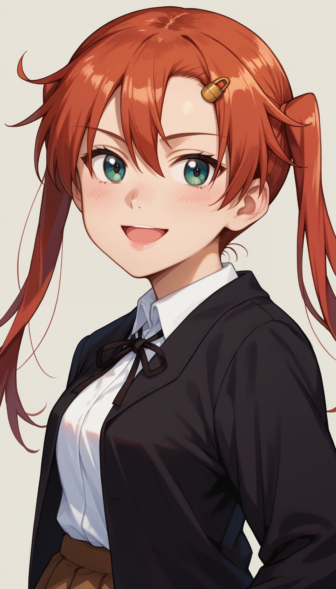 score_9, score_8_up, score_7_up, score_6_up, , solo, 20yo woman, (Beuty:1.1) , (cute:1.3), ,perfecteyes , seductive smile,perfect (photo realistic:1.2), (simple background:1.1),  upper body, smile, open mouth,
<lora:Emi_Nakasuga (Girls und panzer):1> emi_nakasuga (girls und panzer), twintails, long hair, hair ornament, hairclip, red hair,pleated skirt, white shirt, black jacket, , neck ribbon, long sleeves, black ribbon, brown skirt, blazer,