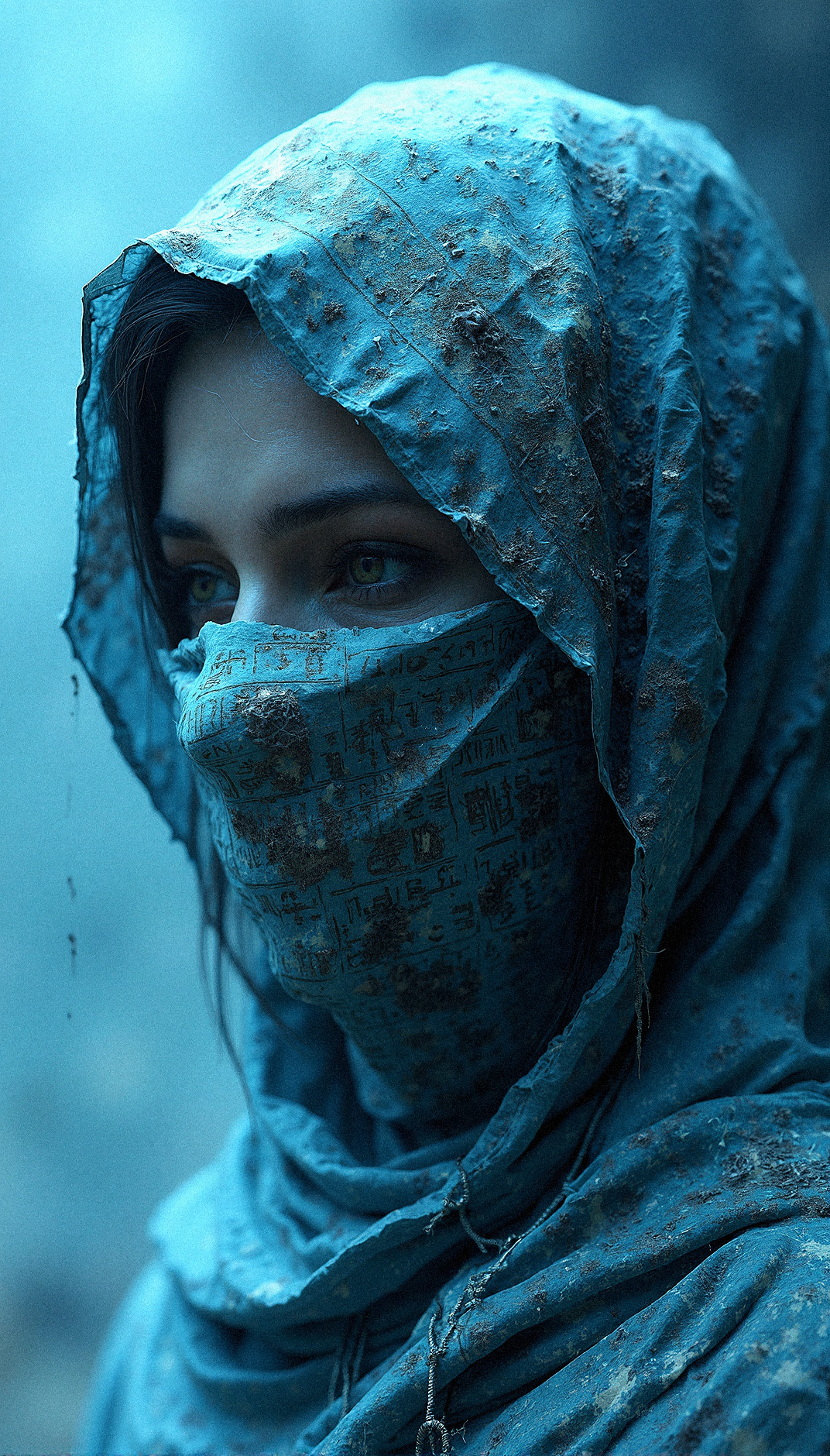 Envision a close-up portrait of a female figure wrapped in ancient, hieroglyph-covered cloth, surrounded by a cold, polygonal blue background. The fabric is aged, with cobwebs adorning its edges, and each hieroglyph is meticulously detailed, adding layers of mystery to the figure. Only their eyes are visible, emanating an otherworldly presence that contrasts sharply with the sharp, crystalline facets of the background. The blue gradient ranges from icy whites to deep navy, giving a sense of an endless, frozen landscape. The detailed textures of the fabric and the clarity of the background facets make the scene feel tangible, as if the figure were a relic preserved within a digital prism. This fusion of ancient and modern aesthetics invokes a haunting and futuristic atmosphere, a glimpse into a world where the past is locked within an icy, geometric void.


