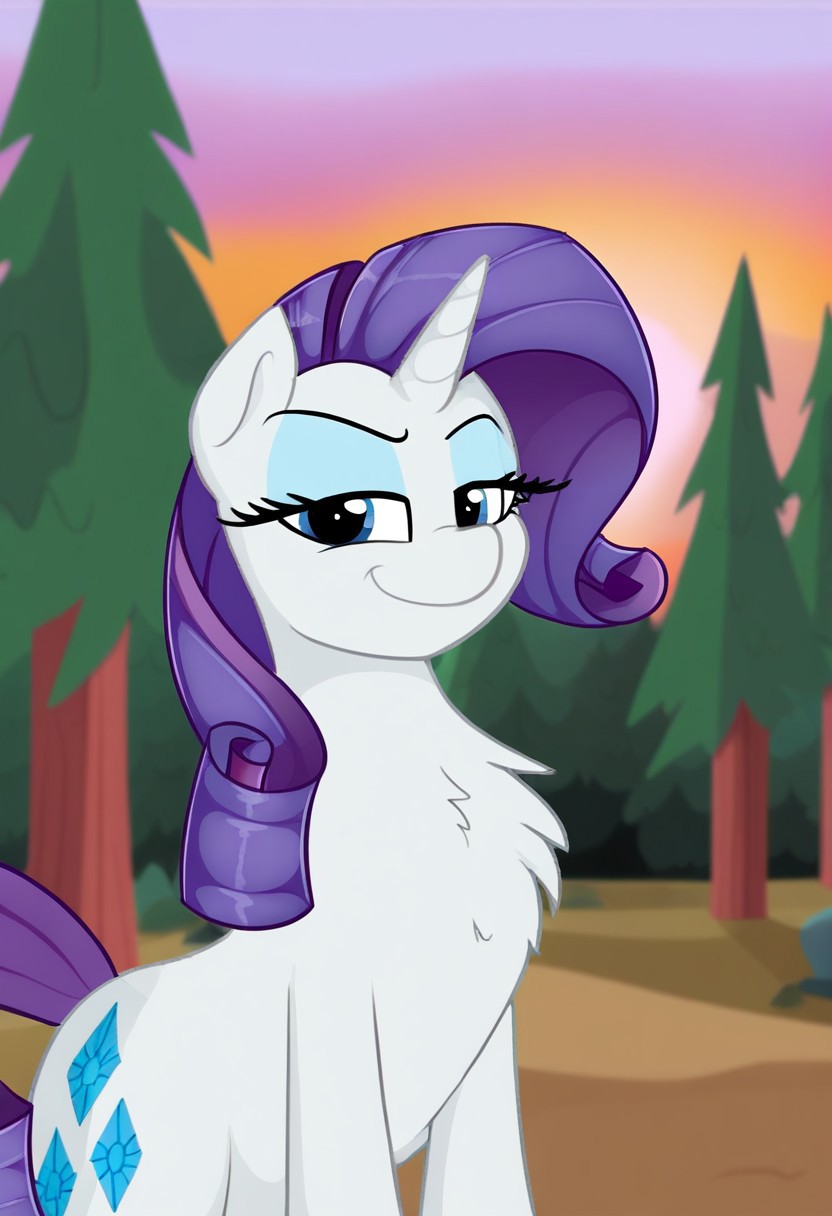 (AugustBebel, 2d, Cartoon, My Little Pony),
(Unicorn, Solo, Rarity, Chest Tuft),
(Smug, Smirking, Closeup),
(Forest Background, Sunrise)
