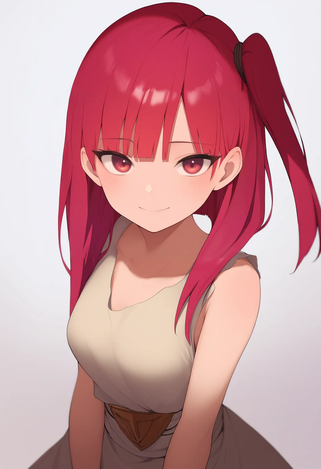 masterpiece, best quality, very aesthetic, absurdres,
1girl, morgiana,one side up, red hair, red eyes, 
dress,
upper body, smile, standing, looking at viewer, solo, simple background, white background   <lora:MorgianaNoobXL_byKonan:1>