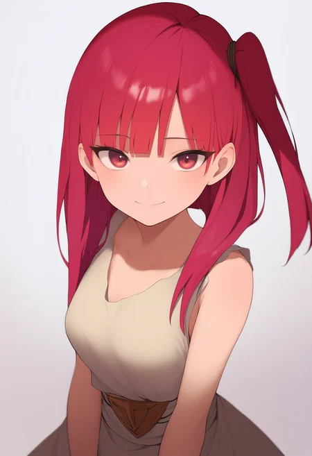 masterpiece, best quality, very aesthetic, absurdres,
1girl, morgiana,one side up, red hair, red eyes, 
dress,
upper body, smile, standing, looking at viewer, solo, simple background, white background   <lora:MorgianaNoobXL_byKonan:1>