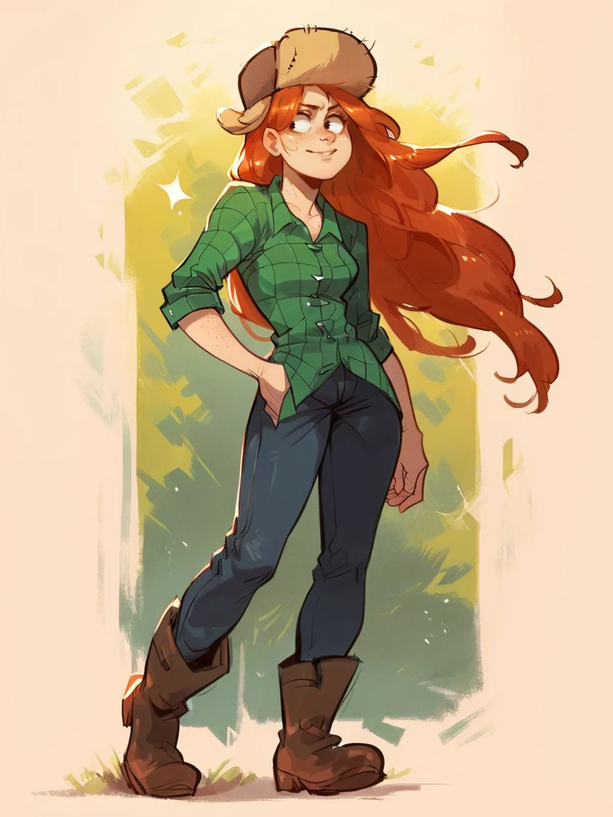score_9, score_8_up, score_7_up, score_6_up, score_5_up, <lora:WendyCXLP:1> wendyc, 1girl, solo, long hair, orange hair, hat, shirt, pants, freckles, boots, standing, curvy,