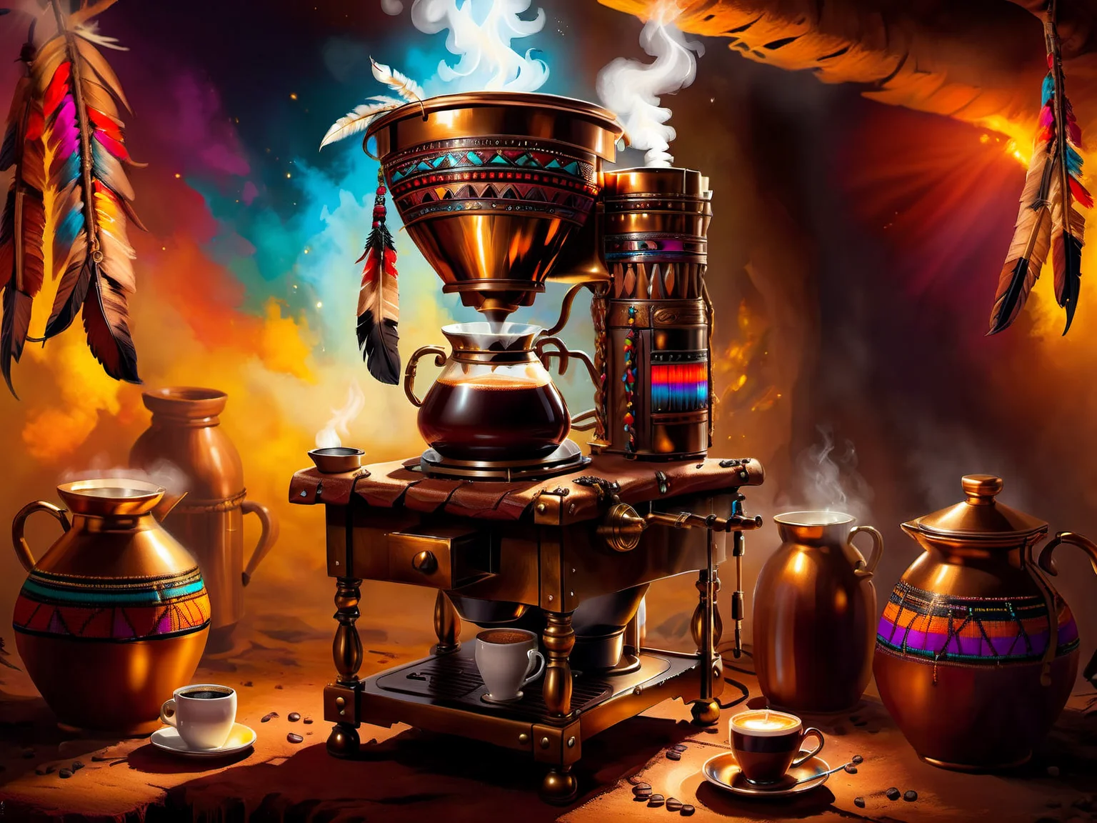 <lora:CulturePunkAI_1Pruned:.9> TotemPunkAI Apache coffee machine (Highly detailed, amazing fantasy setting), (Shiny Impressive lighting), (Colorful, Ultra Realistic, High quality, Highly detailed, Sharp focus, 8K UHD, Art photography), (trending on artstation)