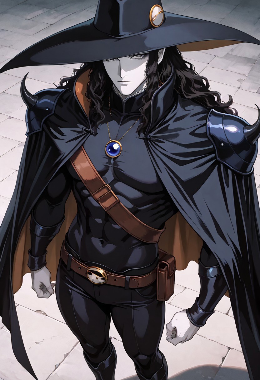masterpiece,best quality,good quality,newest,
detailed background,glitter,
looking at viewer,
solo,
d\(vampire_hunter_d\),1boy,half-vampire,black hair,long hair,wavy hair,pointy_ears,black eyes,pale skin,
black hat,hat decoration, black cloak,black shoulder armor,black body suit,blue pendant,brown belt,black pants, black boots,
muscular man,
standing,