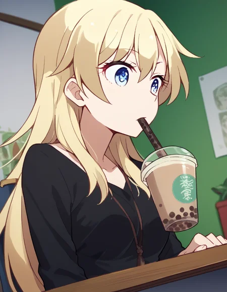 score_9, score_8_up, score_7_up, source_anime, <lora:kou-yagami-s2-ponyxl-lora-nochekaiser:1>, kou yagami, long hair, blue eyes, blonde hair, medium breasts,, <lora:bubble-tea-challenge-ponyxl-lora-nochekaiser:1>, bubble tea challenge, bubble tea, object on breast, drinking straw, drinking straw in mouth, drinking, cup,, indoors, sitting, looking down, , dutch angle, cowboy shot