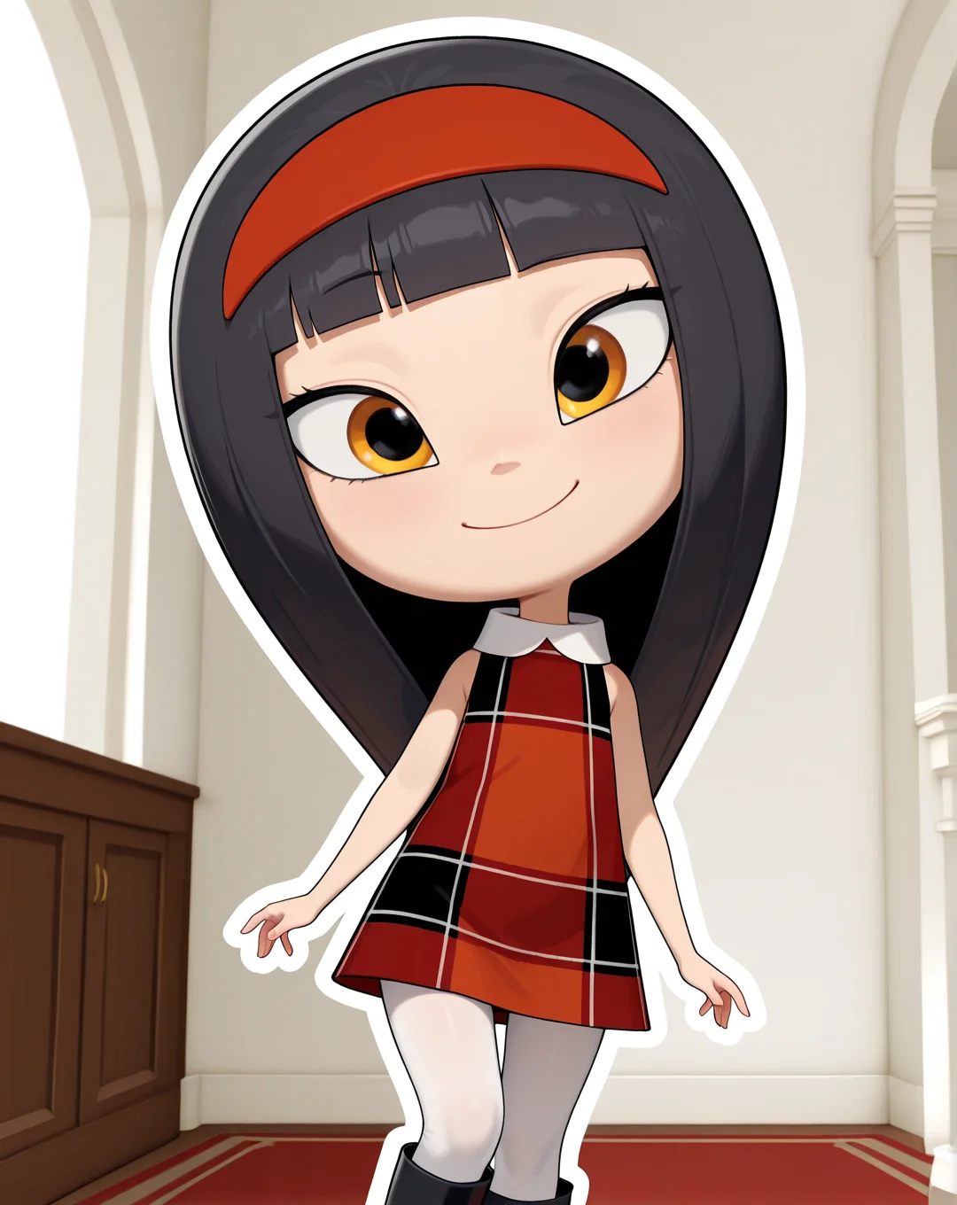 masterpiece, best quality, amazing quality, very aesthetic, absurdres, newest, solo, Teresa_GreenZYN, 1girl, solo, black hair, blunt bangs, long hair, dress, red hairband, pantyhose, boots, cowboy shot, looking at viewer, beautiful, ((beautiful face, beautiful eyes)), Wide Hips, Big thighs, standing,(smile, dutch angle, naughty pose, looking at viewer, indoors, elegant room, solo, dynamic pose, full_body, head tilt,),((white background, White frame, white outline))