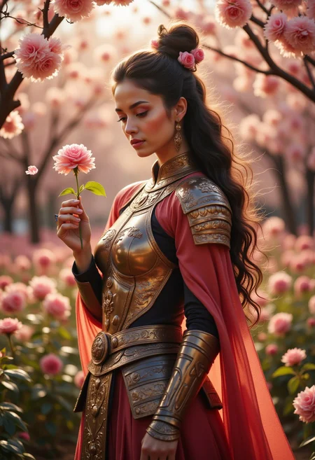 A female ronin in ornate samurai armor stands amidst a field of blooming cherry blossoms. The ronin holds a single rose delicately in her gauntleted hand, gazing down at it with a soft expression. Her long, flowing hair is adorned with small rose petals, carried by a gentle breeze. At her side, a large katana decorated with intricate engravings of roses rests against her leg. The sunlight filters through the petals, casting a warm, golden glow over the scene, enhancing the romantic yet powerful atmosphere.