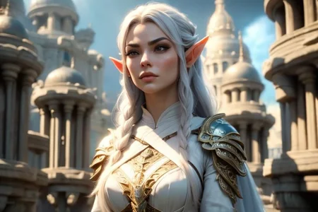 (masterpiece, best quality), a female elf warrior, standing, commanding, in front of elven army, weapons, <lora:ElvenArmor:0.7> ElAr, white dress, armor, ornate, intricate details, cinematic lighting, professional lighting, 8k ultra detailed, <lora:Numenor:0.7> Numenor, sky, background, outdoor, hyper realism