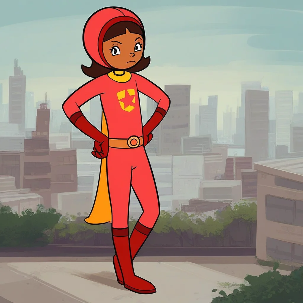 score_9, solo, wordgirl, brown hair, dark skin, bodysuit, gloves, belt, boots, outdoors, city, looking at viewer, hands on hips