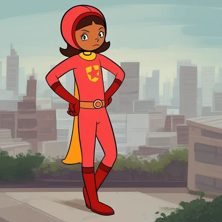 score_9, solo, wordgirl, brown hair, dark skin, bodysuit, gloves, belt, boots, outdoors, city, looking at viewer, hands on hips