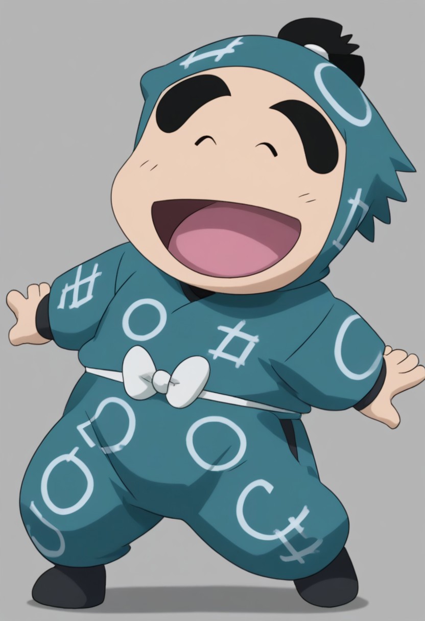 male focus, 1boy, solo, japanese clothes, parody, topknot, thick eyebrows, ninja, black hair, long sleeves, chibi, black footwear, hood, full body, open mouth, closed eyes, smile, simple background, high quality