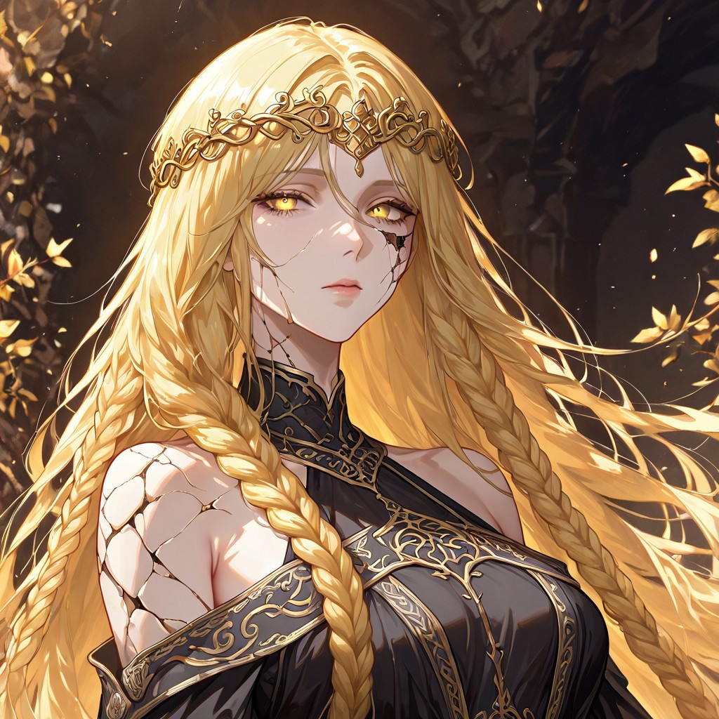 masterpiece, best quality, newest, absurdres, highres,
HFMV1.0, 1girl, queen marika the eternal (elden ring), bare shoulders, black dress, circlet, gold circlet, cracked skin, halter dress, halterneck, long hair, yellow eyes, braid, braided hair, long braid, blonde, blonde hair,