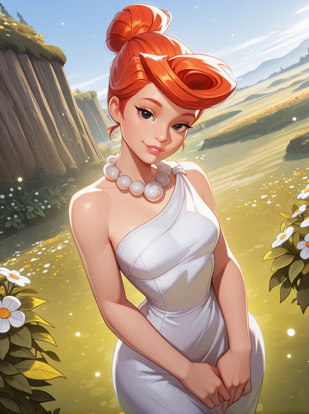 highres, hi res, best quality, masterpiece,
1girl, (WilmaXL:1), orange hair, hair bun, black eyes, dot eyes, necklace, single bare shoulders, white dress, makeup, parted lips, jewelry, pearl necklace,
light smile, dutch angle, sexy pose, happy, looking at viewer, flowers, vegetation, rocks, leafs, sunlight, sky, hands on dress, daylight, outdoors, dynamic pose, cowboy shot, head tilt, light particles, from above, portrait,
<lora:AWilmaFlintstone_character-12:0.75>, narrow waist, wide hips, <lora:AMarvelRivals_style-06:0.9> MarvelRivals,,, semi realistic, cartoon,,,