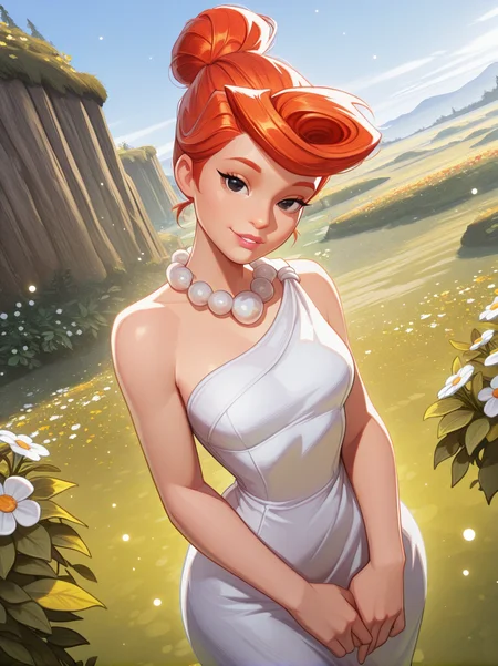 highres, hi res, best quality, masterpiece,
1girl, (WilmaXL:1), orange hair, hair bun, black eyes, dot eyes, necklace, single bare shoulders, white dress, makeup, parted lips, jewelry, pearl necklace,
light smile, dutch angle, sexy pose, happy, looking at viewer, flowers, vegetation, rocks, leafs, sunlight, sky, hands on dress, daylight, outdoors, dynamic pose, cowboy shot, head tilt, light particles, from above, portrait,
<lora:AWilmaFlintstone_character-12:0.75>, narrow waist, wide hips, <lora:AMarvelRivals_style-06:0.9> MarvelRivals,,, semi realistic, cartoon,,,