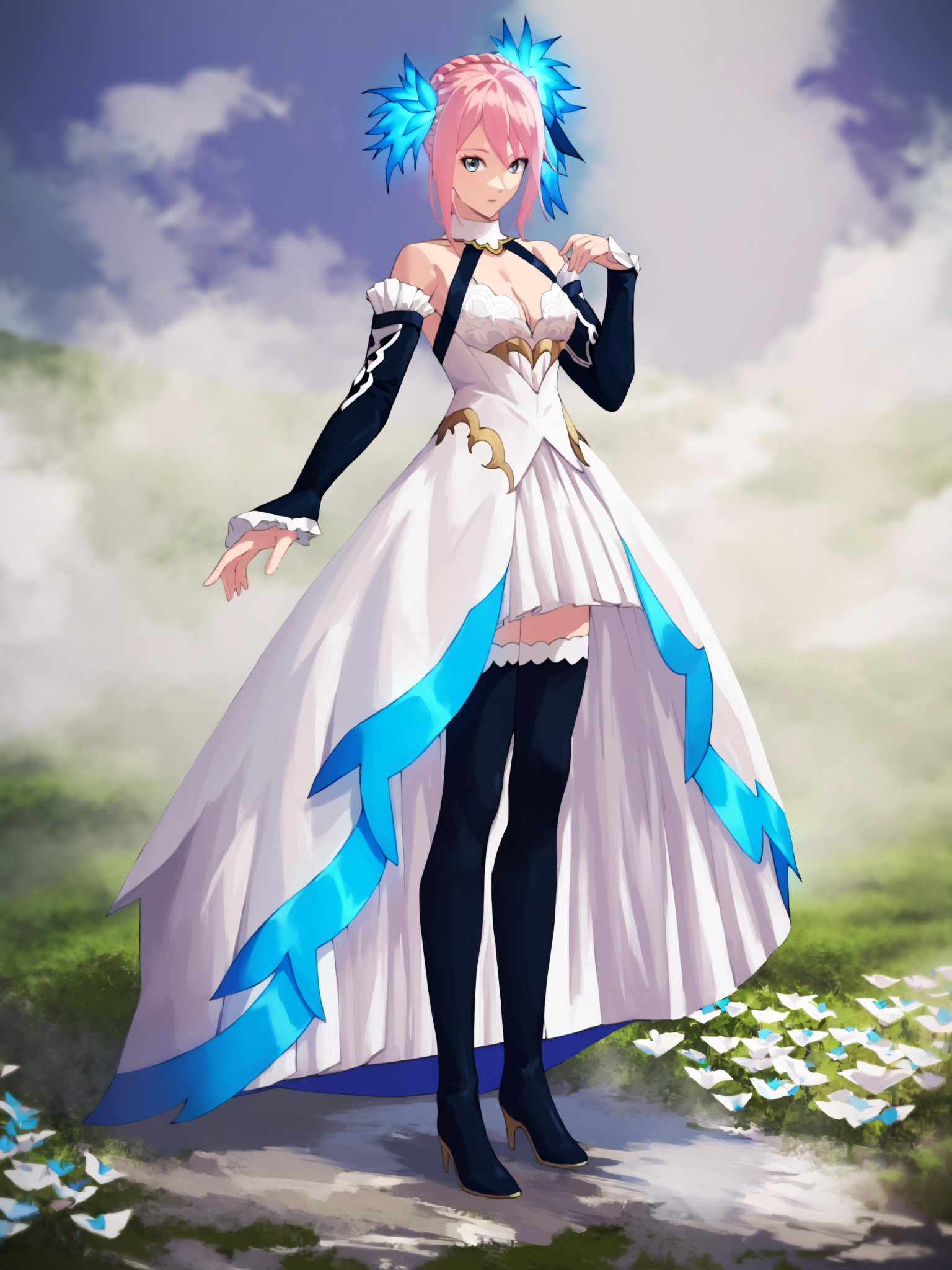 score_9, Score_8_up, Score_7_up, Score_6_up, masterpiece,  best quality, very aesthetic,  <lora:Shionne_V2:1>  15 shionne 01b weddingdress, shionne 01b, pale skin, long hair, (blue eyes), wedding dress 1girl, solo, breasts, 1Girl, hair ornament, thighhighs, dress, bare shoulders, full body, pink hair, braid, detached sleeves, black thighhighss   <lora:detailed_backgrounds_v2:0.6> scenery,