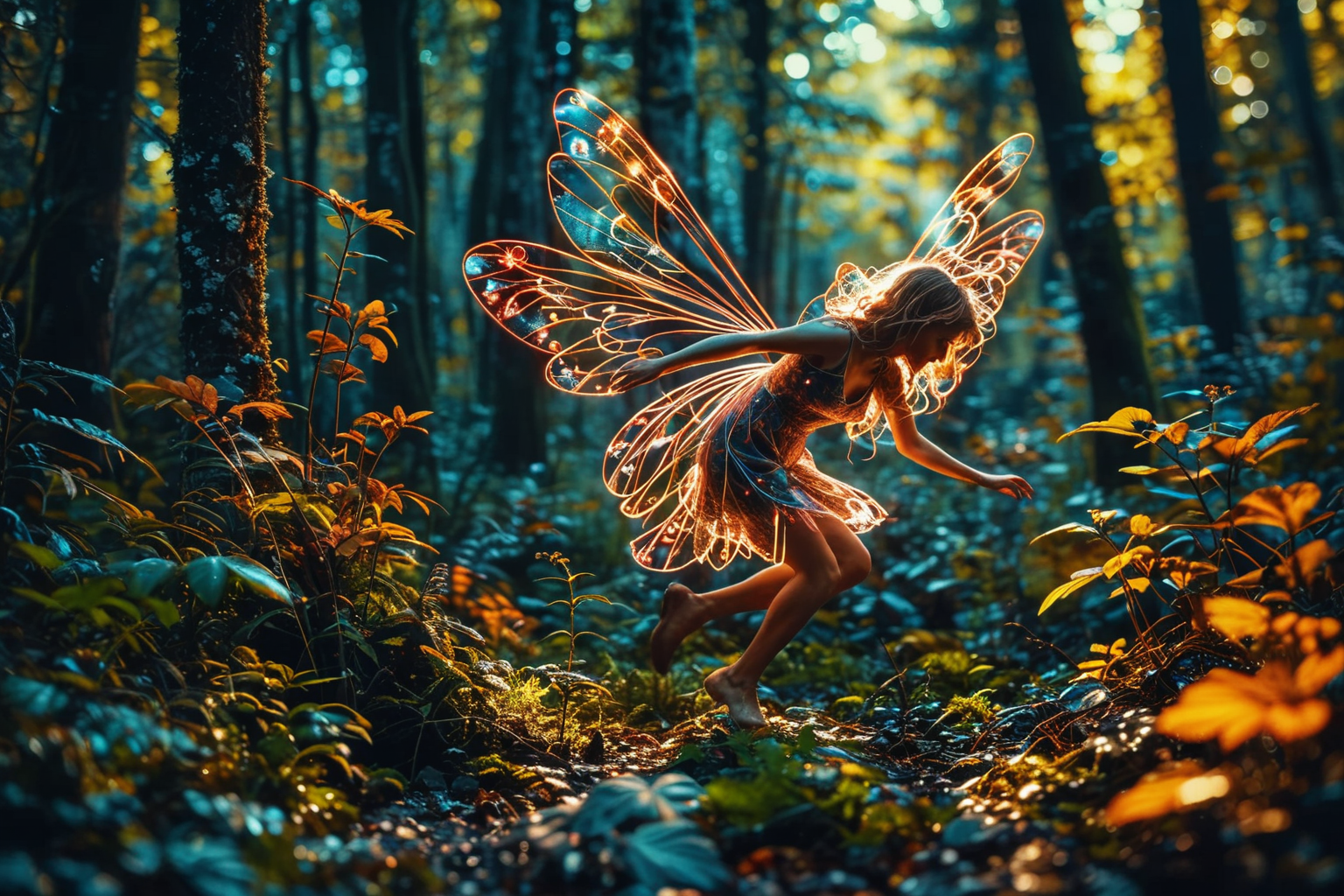 Close-up Photo of a ((Earth fairy)) gliding over forest floor. ral-exposure, in the style of double exposure, neon art nouveau, long exposure, wimmelbilder, layered lines, neonpunk, chiaroscuro, best quality, masterpiece, highres, absurdres, incredibly absurdres, huge filesize, wallpaper, colorful, 8K, RAW, Style by J.C. Leyendecker. Canon 5d Mark 4, Kodak Ektar, 35mm,Long_Exposure <lora:ral-exposure-sdxl:0.5>