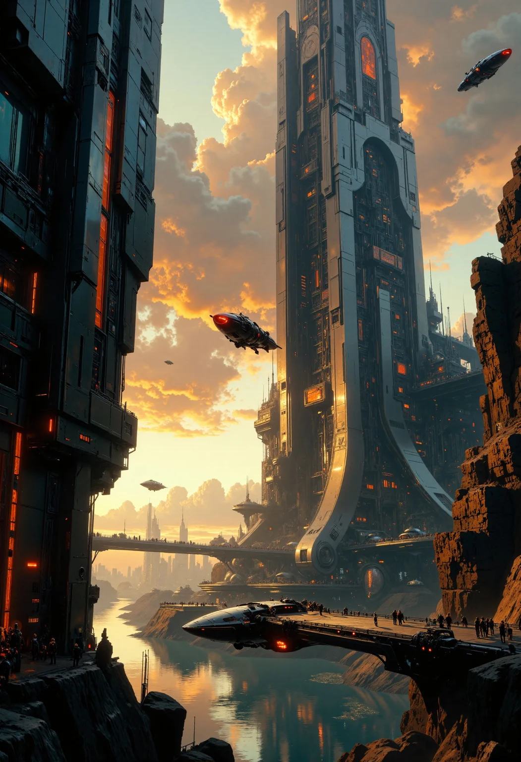 highest details, ultra hyper realism. highly detailed and realistic. intricate and highly professional artwork, an absolute masterpiece.
This is a high-quality digital painting in a futuristic sci-fi style, featuring a vibrant, otherworldly cityscape. The scene is set at dusk with a sky full of soft, glowing clouds tinged with hues of orange and purple, reflecting off a sleek, metallic river that winds through the city. Towering, cylindrical skyscrapers with intricate, geometric designs dominate the background, their reflective surfaces catching the light. Smaller, sleek, flying vehicles with red lights zip through the air, adding a sense of motion and energy. The camera angle is low, looking up at the towering buildings, emphasizing their grandeur. The lighting is soft and warm, creating a tranquil yet dynamic atmosphere. The aesthetic quality of the image is very high, with meticulous attention to detail and a visually striking composition.
Nickel Gray hue and Chrome tint, dramatic lighting
<lora:artilands_v02_epoch_6:1>