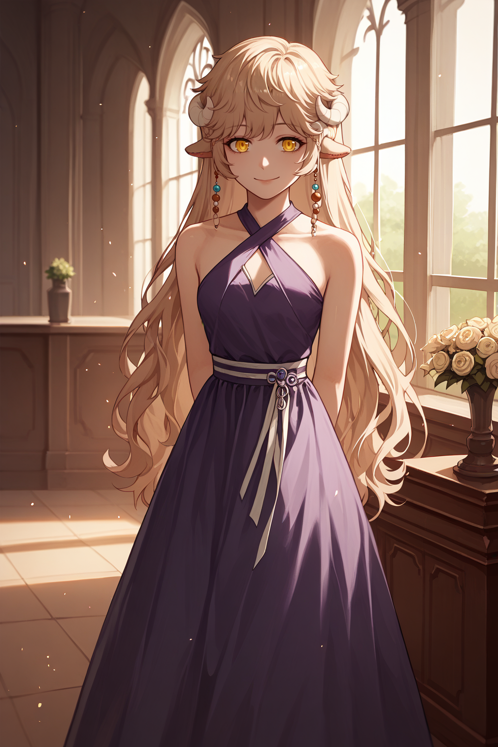 score_9, score_8_up, BREAK, 1girl, solo <lora:NSLaraMaplestory:1> NSLaraMisc, blond hair, yellow eyes, long hair, curled horns, animal ears, hair beads, purple gown, long gown, looking at the viewer, bare shoulders, criss-cross halter, evening, indoors, victorian, slight smile, hands behind back