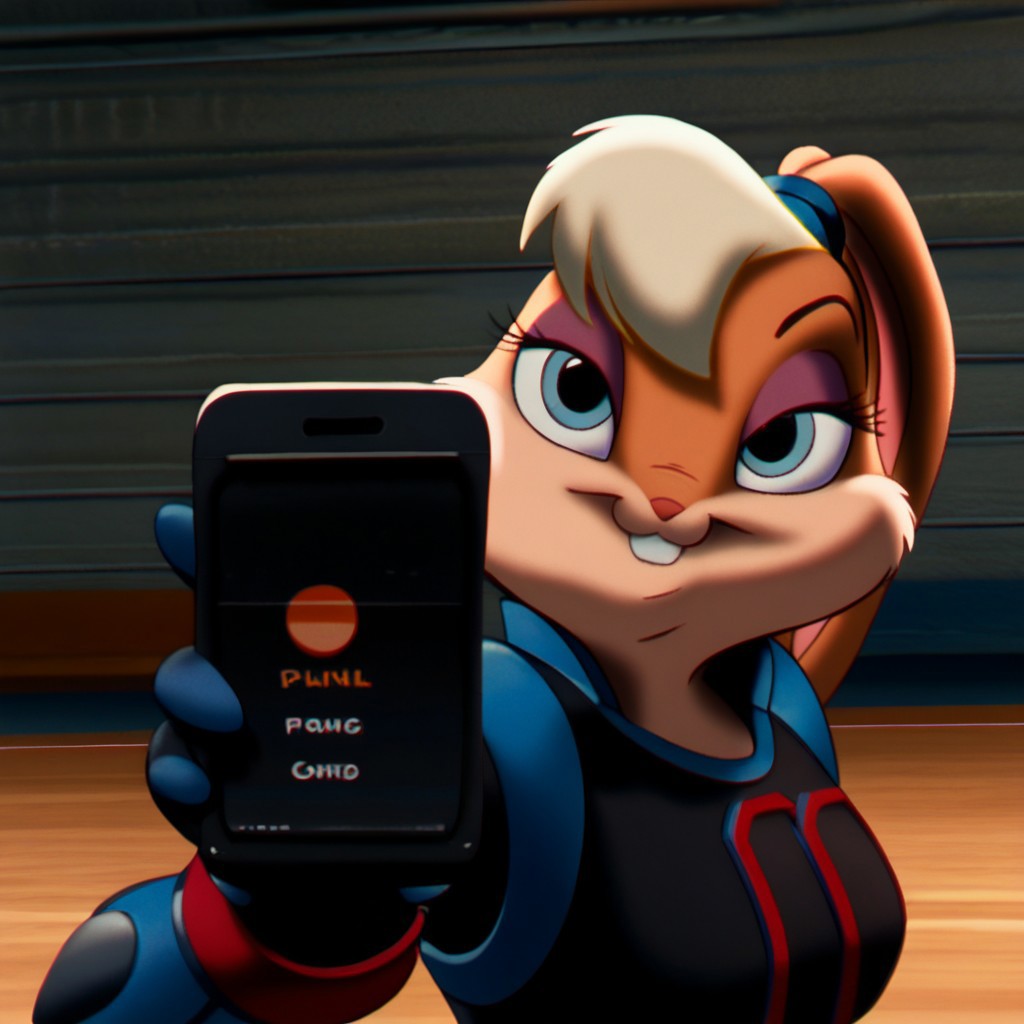 score_9, score_8_up, score_7_up 
   , masterpiece, beautiful,
lola, 1girl, solo, rabbit ears, smile, buck teeth, eyeshadow, body fur, scrunchie, blue eyes, blonde hair, breasts,  rabbit tail, 
,Spdshadowranger, black armored suit, red and silver accents, metallic chest armor, bold "100" design, angular shoulder pads, black gloves with red cuffs, silver belt with red buckle, holster with weapon, animal-inspired helmet, glossy black helmet, silver helmet detailing,  upper body, close up, flip flop phone, showing phone