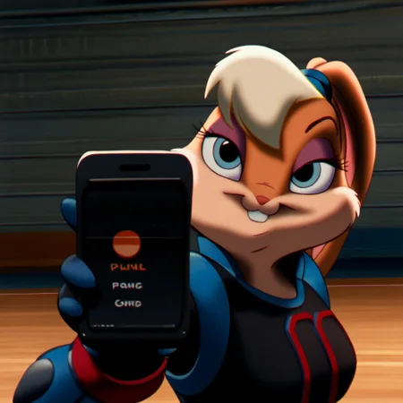 score_9, score_8_up, score_7_up
, masterpiece, beautiful,
lola, 1girl, solo, rabbit ears, smile, buck teeth, eyeshadow, body fur, scrunchie, blue eyes, blonde hair, breasts, rabbit tail,
,Spdshadowranger, black armored suit, red and silver accents, metallic chest armor, bold "100" design, angular shoulder pads, black gloves with red cuffs, silver belt with red buckle, holster with weapon, animal-inspired helmet, glossy black helmet, silver helmet detailing, upper body, close up, flip flop phone, showing phone