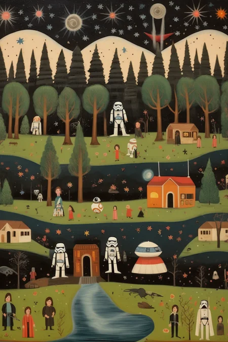 <lora:Folk Art:1>Folk Art - Star Wars scene in the style of NAIVE FOLK ART