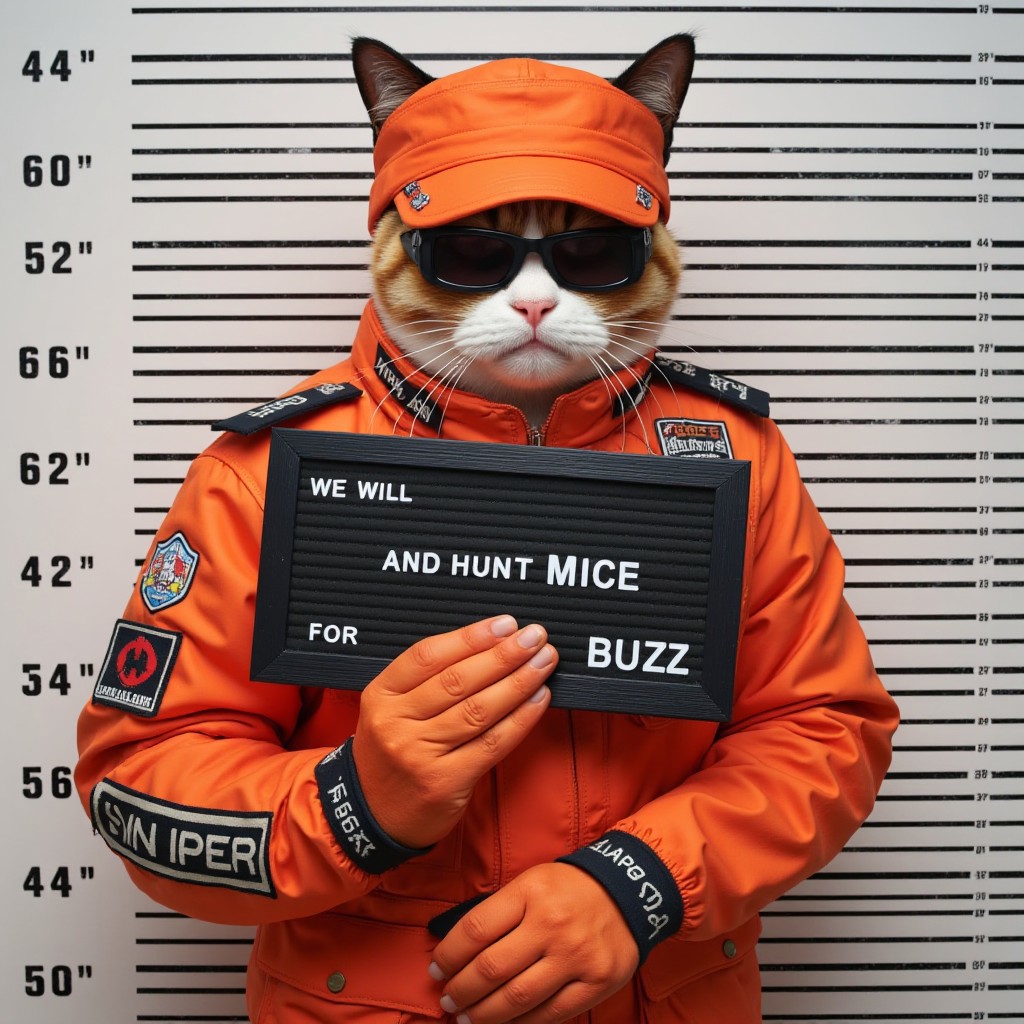 ken mugshot, The image is orange cat with  wearing a iconic orange Grumpy Cat reimagined as a battle-hardened American special forces. the orange cat is holding a black sign with white text that reads "We" on the top  "will" in the middle  and "hunt Mice for BUZZ " on the bottom. The sign also includes the numbers "For" and "Buzz" in white text  with "BUZZ" underlined. The background is a tall  vertical black and white bar graph  indicating height measurements in inches  with the man's height marked at 20 inches. The bars on the graph are evenly spaced  and the numbers on the left side of the graph are black  while the numbers on the right side are white.