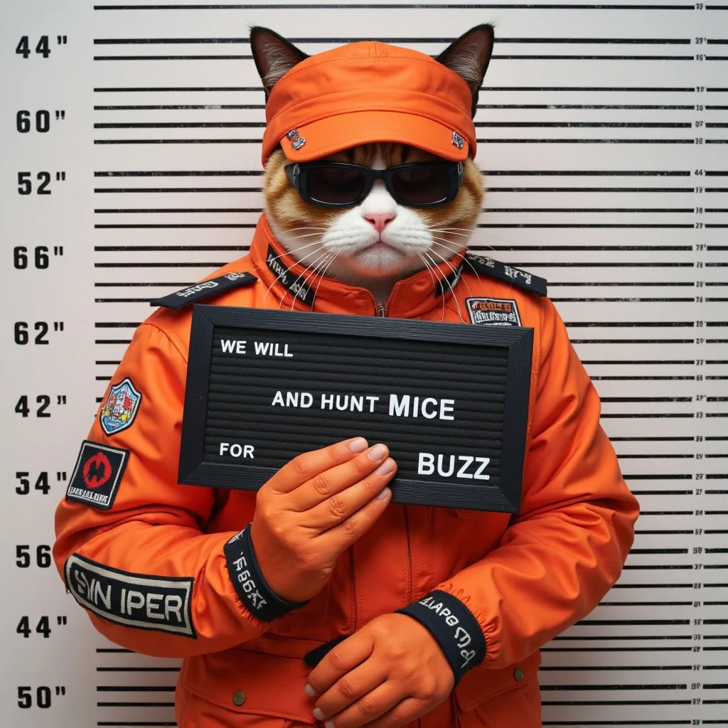 ken mugshot, The image is orange cat with wearing a iconic orange Grumpy Cat reimagined as a battle-hardened American special forces. the orange cat is holding a black sign with white text that reads "We" on the top "will" in the middle and "hunt Mice for BUZZ " on the bottom. The sign also includes the numbers "For" and "Buzz" in white text with "BUZZ" underlined. The background is a tall vertical black and white bar graph indicating height measurements in inches with the man's height marked at 20 inches. The bars on the graph are evenly spaced and the numbers on the left side of the graph are black while the numbers on the right side are white.