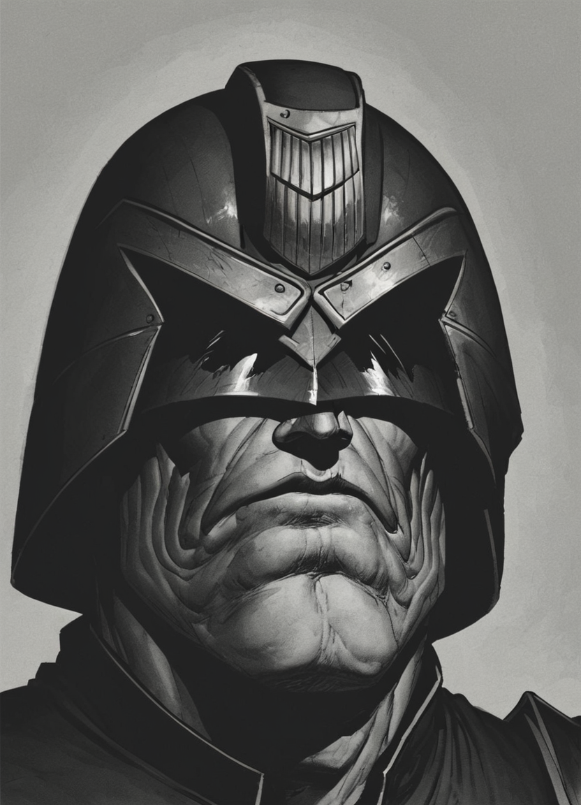 pencil drawing, man,jdgdrddcom, helmet, uniform, boots, grim expression, dark room, dark, hard shadows, monochrome, hard light, portrait,
 <lora:Judge_Dredd_Comic_Style_Pony_SDXL:0.8> <lora:Dark_Novel:0.8>, score_9, score_8_up, score_7_up,