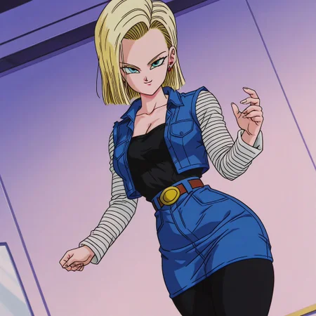 dbstyle, screencap, best quality, android_18, blonde hair, 1girl, solo, blue eyes, , blonde hair, shirt, blue eyes, belt, black leggings, cleavage, collarbone, denim, denim skirt, high-waist skirt, jewelry, long sleeves, pocket, shirt, shirt tucked in, skirt, striped, striped sleeves, blue denim waistcoat, thick thighs, wide hips,
standing, looking at viewer, dynamic pose, swiping hair behind ear, smirk,