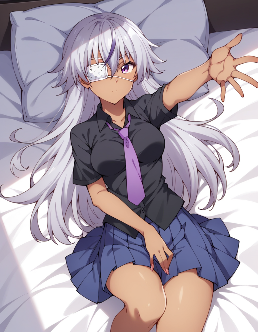 score_9, score_8_up, score_7_up, source_anime, uncensored, <lora:StS_detail_slider_v1:3>, zPDXLxxx, <lora:Shiko_Murasame_PONYXL_VexVexX:1>, ShikoMurasame, purple eyes, grey hair, multicolored hair, very long hair, hair between eyes, dark skin, dark-skinned female, eyepatch, medium breasts, skirt, blue skirt, pleated skirt, miniskirt, collared shirt, black shirt, short sleeves, necktie, purple necktie, cowboy shot, bedroom, from above, Laying on one side with legs extended and reaching one arm overhead to stretch the side body, thighs, looking at viewer