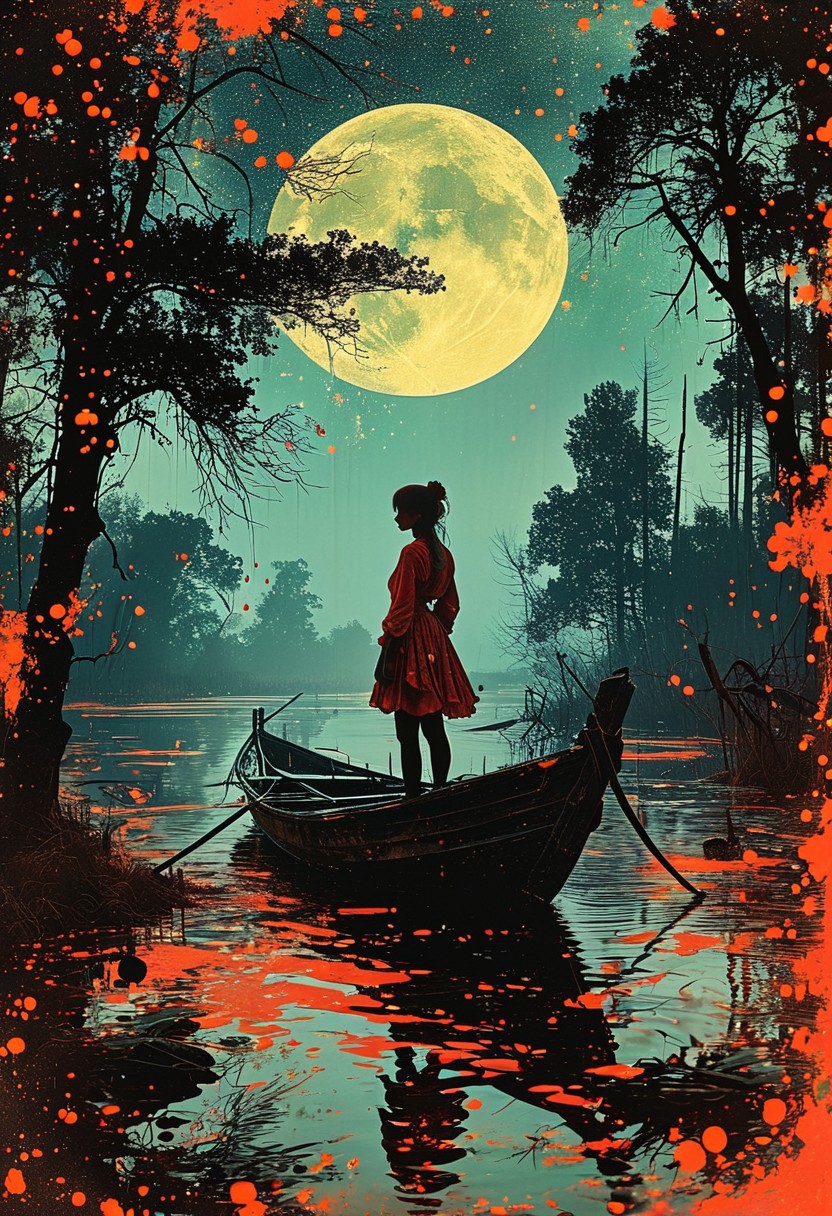 linquivera,  Ink illustration, (anime:0.5), brown tones, aged black red paper, inkpunk, moonlight,surreal, a ghost standing on a boat in swampy wetlands, (at a distance), Will-o'-the-wisp, moonlit, lonely, solitude, windy, tall trees, willows, willowy,  OverallDetail, extremely detailed, UHD,(long exposure , dystopian but extremely beautiful:1.4),<lora:- SDXL - letitflrsh_let_it_flourish_V1.0:0.8> ,<lora:Cute_Collectible:1>, <lora:XL_boss_battle:0.6>  <lora:add-detail-xl:1>,  <lora:Concept Art Twilight Style SDXL_LoRA_Pony Diffusion V6 XL:1>,  <lora:MJ52:1> (in the style of Frank Frazetta painting) Dean Cornwell, design, 1970s, Russian Constructivist style, double exposure, volumetric lighting, expressive, ancient starchart, ink spattered background, warm colors, space, art deco, splatter, Japanese Woodblock print, planar rectilinear shapes, extreme energy, dynamic posing, Dutch angle, black, Crimson<lora:xl_more_art-full_v1:0.3>
