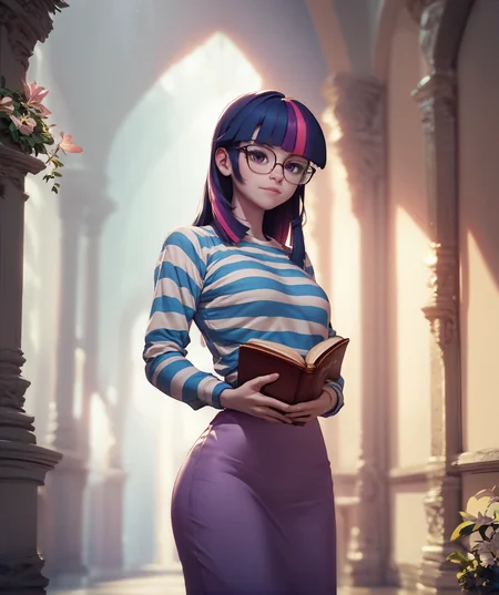 score_9, score_8_up, score_7_up, score_6_up, score_5_up, score_4_up, source_anime, rating_suggestive, (twilight sparkle, pale skin),glasses,striped shirt, shirt, holding book,masterpiece,elegant, detailed soft lighting, outdoors,<lora:mfcgXL:1>